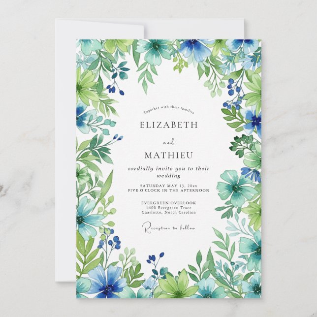 Invitación Boda Botánica Azul Celeste Exuberante (Anverso)