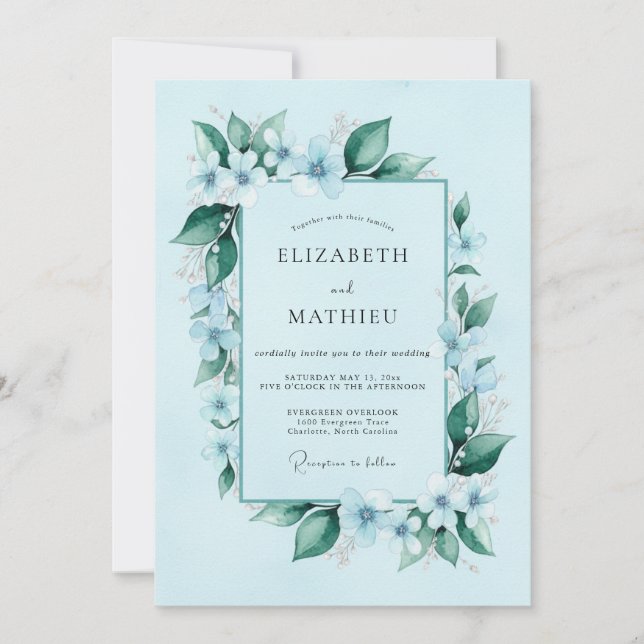 Invitación Boda Botánica Azul Celeste Prístina (Anverso)