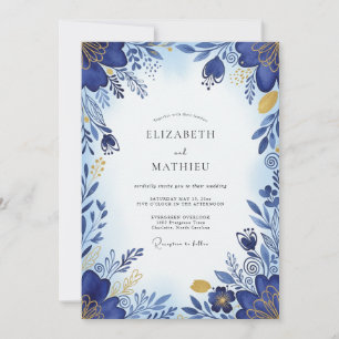 Invitación Boda Botánica Azul Cobalto Brillante