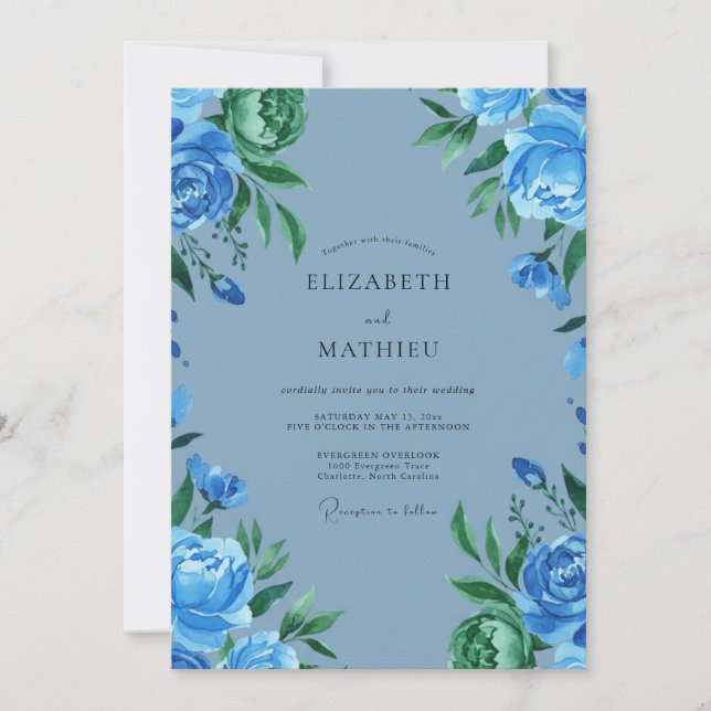 Invitación Boda Botánica Azul Cobalto Intenso (Anverso)