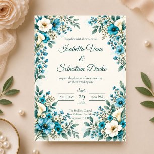 Invitación Boda Botánica Azul Elegante
