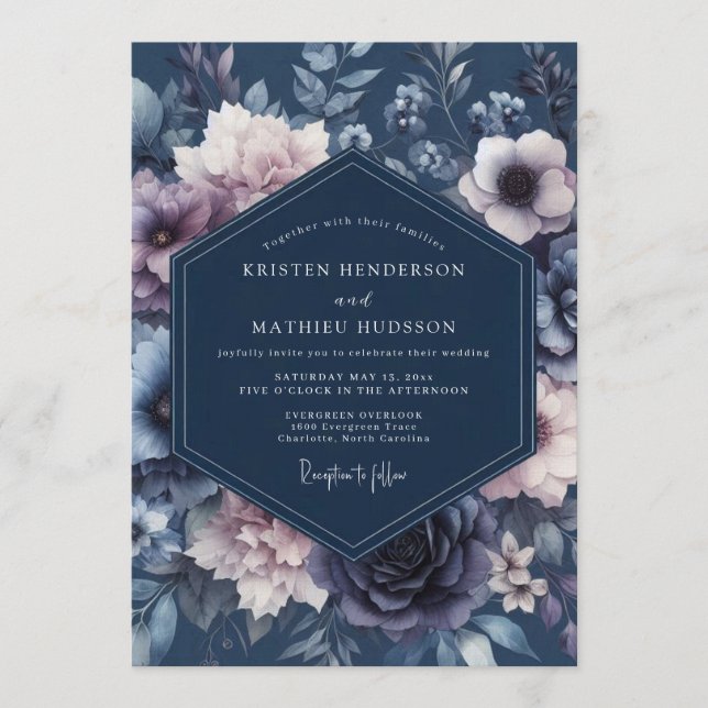 Invitación Boda Botánica Azul Marino aterciopelada (Anverso)