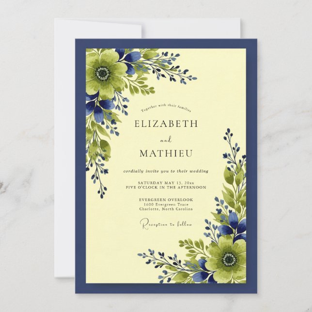 Invitación Boda Botánica Azul Marino Intensa (Anverso)