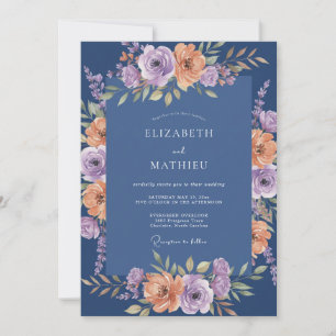 Invitación Boda Botánica Azul Marino Lujosa