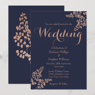 Invitación Boda Botánica Azul Marino y Rosa Dorado