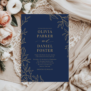 Invitación Boda Botánica Azul Oro Elegante