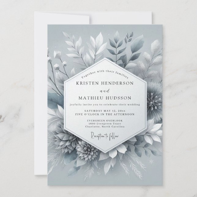 Invitación Boda Botánica Azul Pizarra Helada (Anverso)