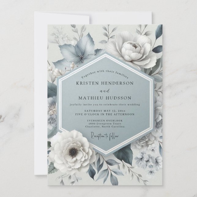 Invitación Boda Botánica Azul Pizarra Melancólica (Anverso)