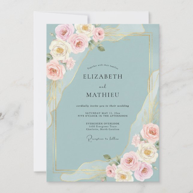 Invitación Boda Botánica Azul Polvo (Anverso)
