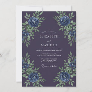 Invitación Boda Botánica Azul Profundo Púrpura