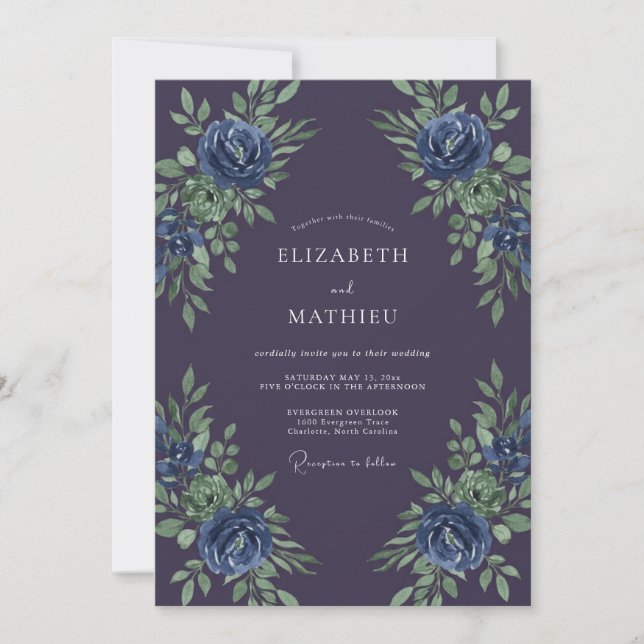 Invitación Boda Botánica Azul Profundo Púrpura (Anverso)