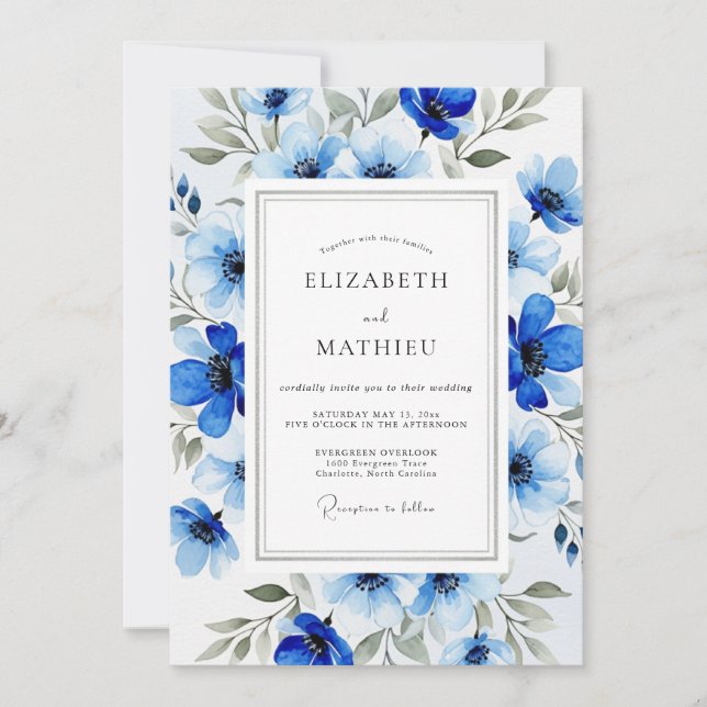Invitación Boda Botánica Azul Real Lujuriosa (Anverso)