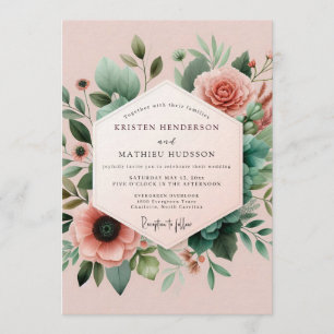 Invitación Boda Botánica Azul Rosado