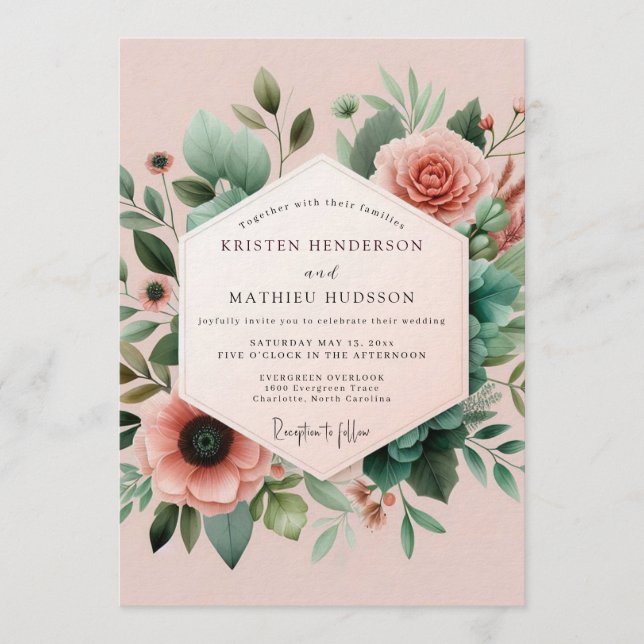 Invitación Boda Botánica Azul Rosado (Anverso)