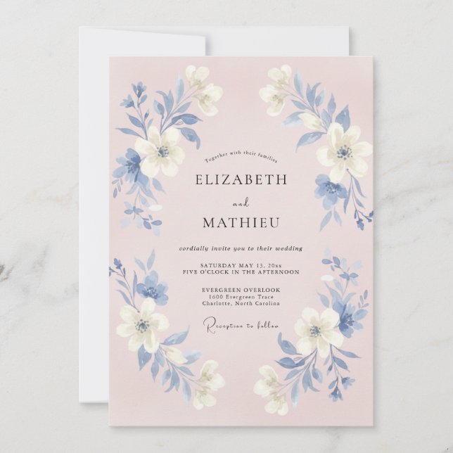 Invitación Boda Botánica Azul Rubor (Anverso)