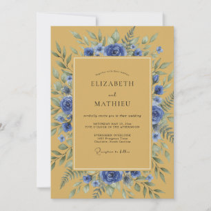 Invitación Boda Botánica Azul Sofisticada de Ocra