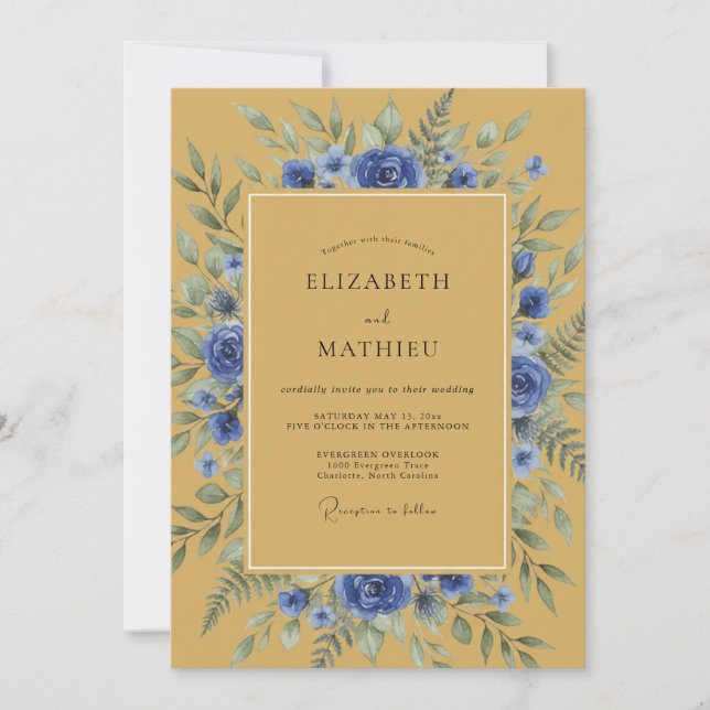 Invitación Boda Botánica Azul Sofisticada de Ocra (Anverso)