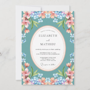 Invitación Boda Botánica Azul Teal Brillante