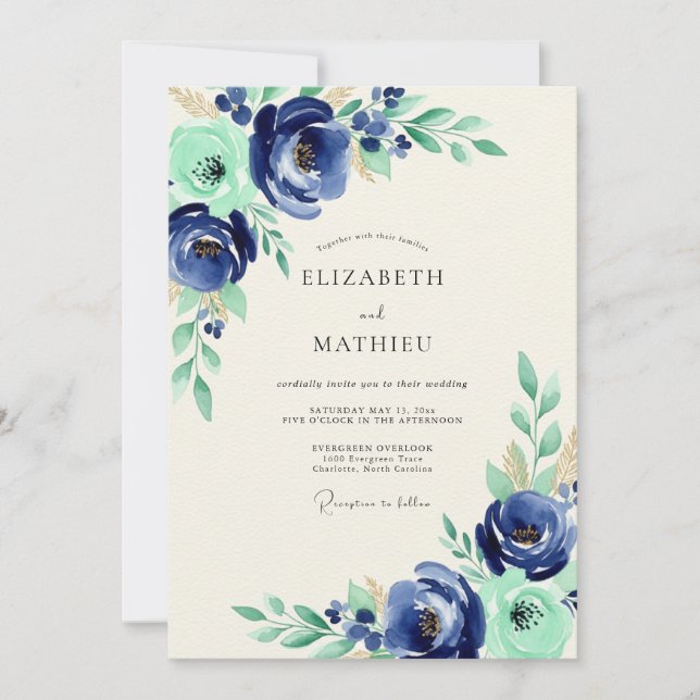 Invitación Boda Botánica Bliss Navy Mint (Anverso)