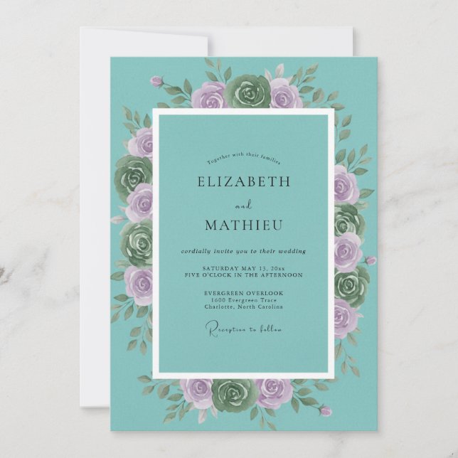 Invitación Boda Botánica Bliss Rosa Verde Teal (Anverso)