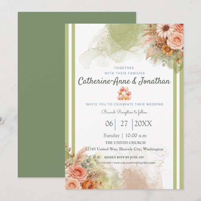Invitación Boda Botánica Bohemia Verde Salvia (Anverso / Reverso)