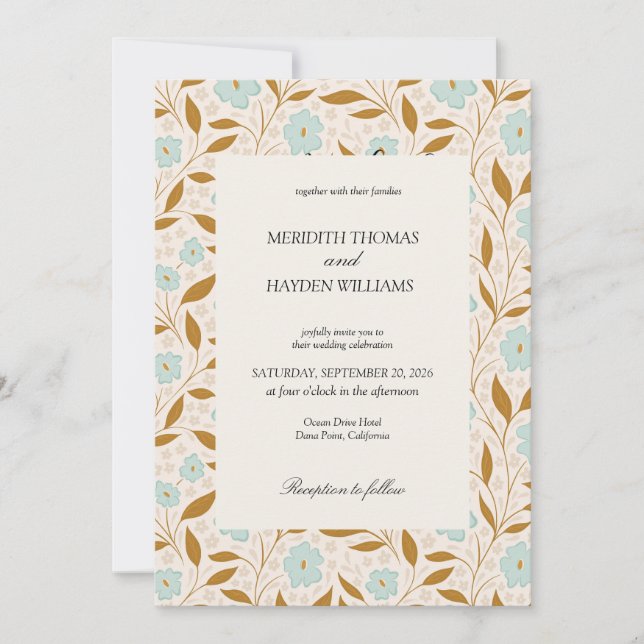 Invitación Boda botánica boho azul (Anverso)