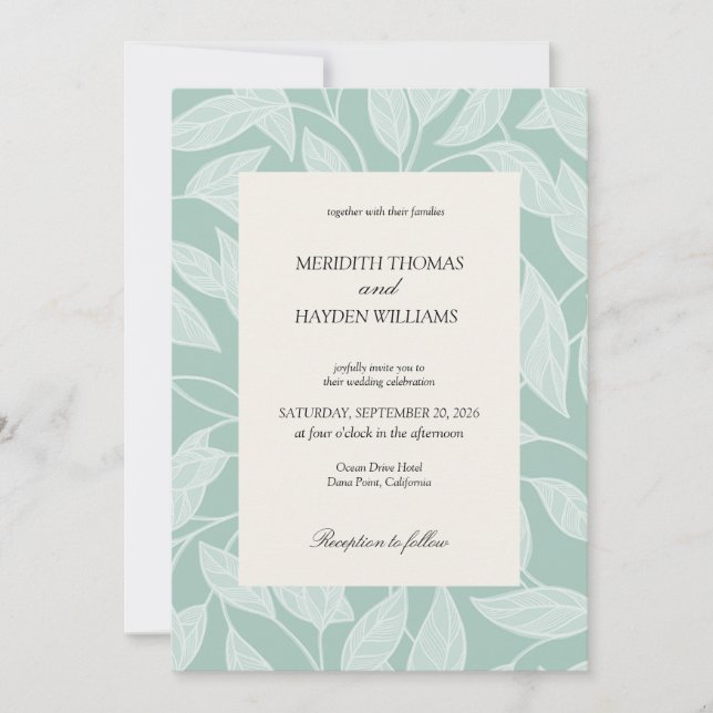 Invitación Boda botánica boho azul costera (Anverso)