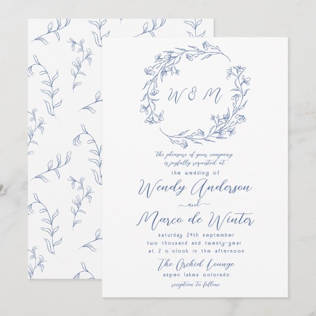 Invitación Boda Botánica Boho Azul y Blanco Mínima (Anverso / Reverso)