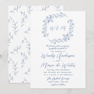 Invitación Boda Botánica Boho Azul y Blanco Mínimo