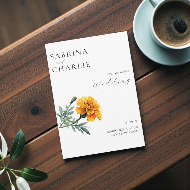 Invitación Boda Botánica Boho de Marigold Amarillo Naranja  (Orange Yellow Marigold Boho Botanical Wedding Invitation)