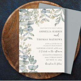 Invitación Boda Botánica Boho Eucalipto Salvia Azul Polvorien