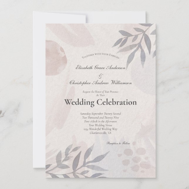 Invitación Boda Botánica Boho Hojas Rosa Azul Acuarela (Anverso)
