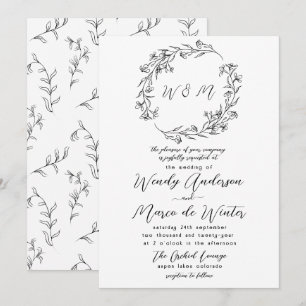 Invitación Boda Botánica Boho Minimalista en Negro y Blanco