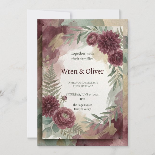 Invitación Boda Botánica Borgoña (Anverso)