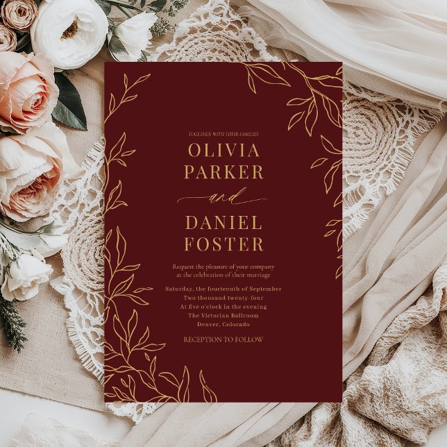 Invitación Boda Botánica Borgoña Elegante de Oro (Subido por el creador)