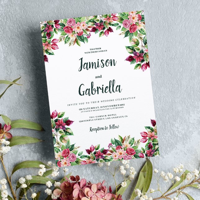 Invitación Boda botánica borgoñona rosa verde floral (Botanic burgundy pink green floral country Wedding)