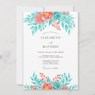 Invitación Boda Botánica Breezy Coral Teal