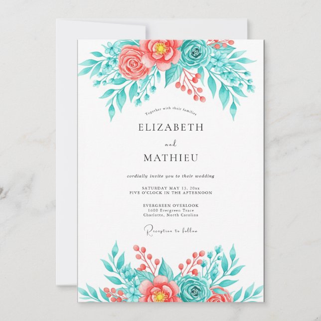 Invitación Boda Botánica Breezy Coral Teal (Anverso)