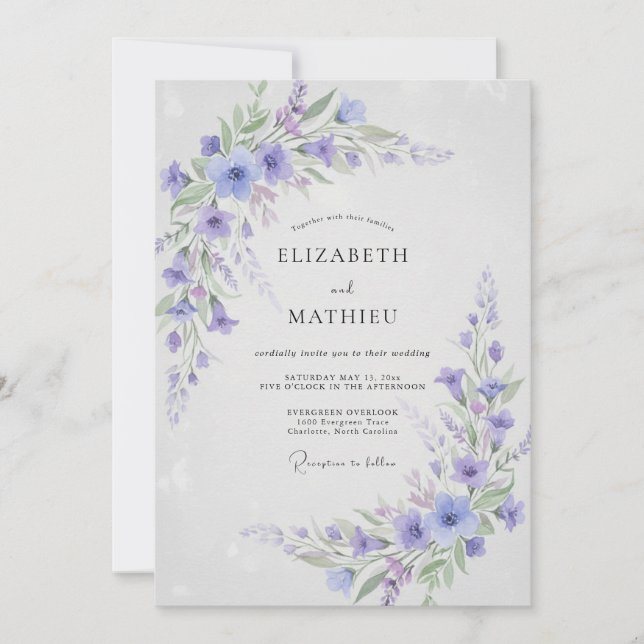 Invitación Boda Botánica Breezy Periwinkle (Anverso)