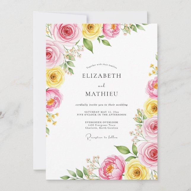 Invitación Boda Botánica Brillante Amarillo Rosa (Anverso)
