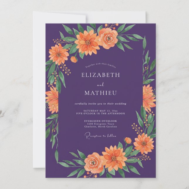 Invitación Boda Botánica Brillante de Ciruela (Anverso)