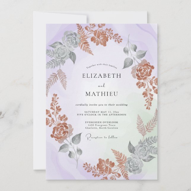 Invitación Boda Botánica Brillante de Lavanda (Anverso)