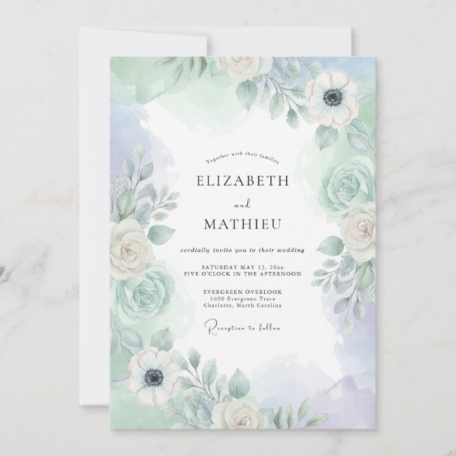 Invitación Boda botánica brumosa verde menta (Anverso)