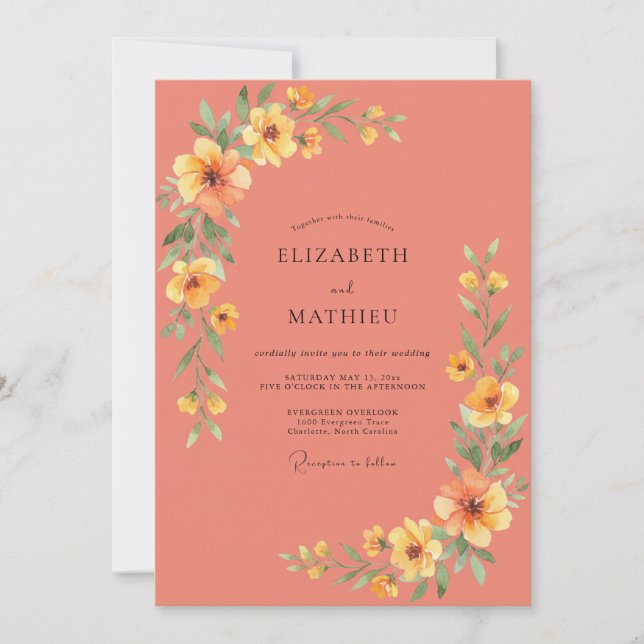 Invitación Boda Botánica Cálida Dorada de Coral (Anverso)