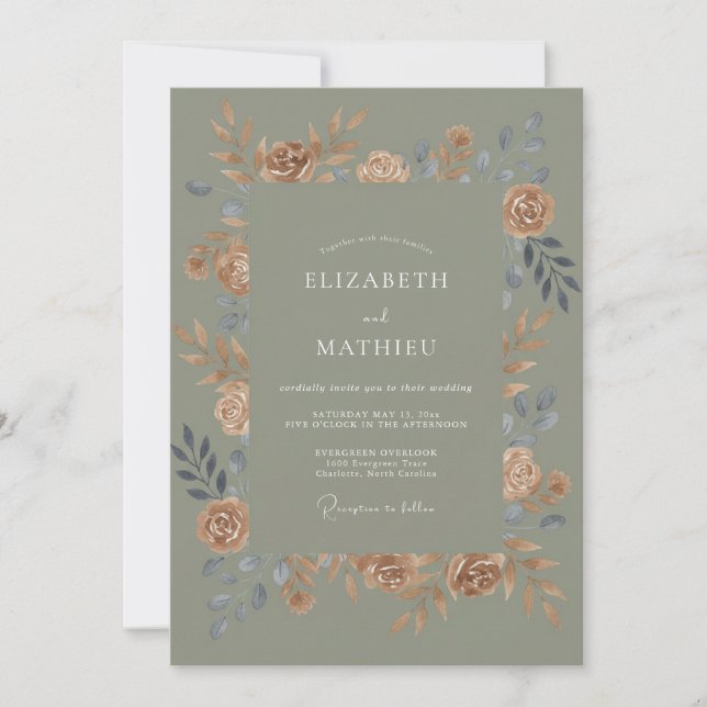 Invitación Boda Botánica Cálida Verde Musgo (Anverso)