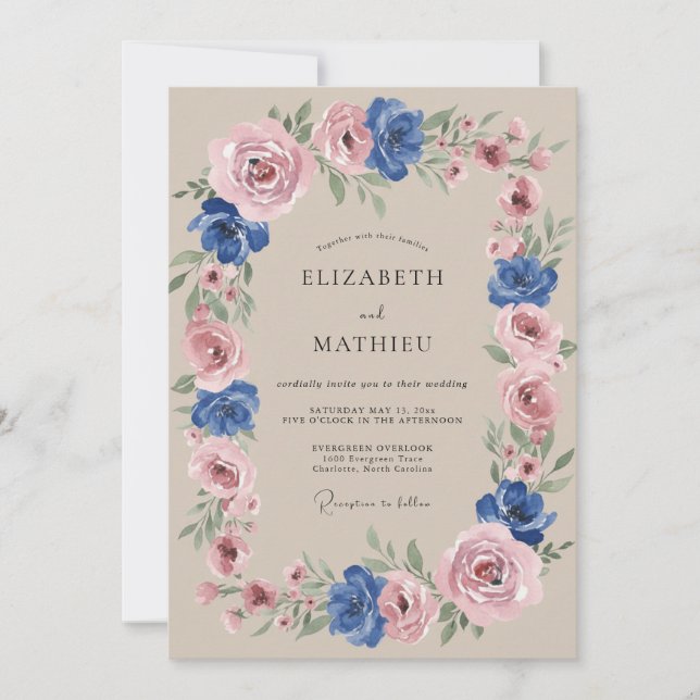 Invitación Boda Botánica Caprichosa Azul Rosa (Anverso)