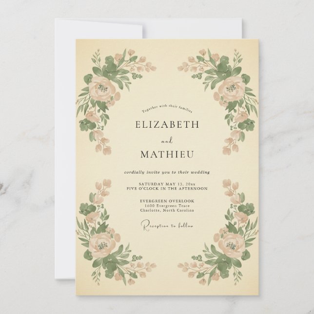 Invitación Boda Botánica Caprichosa con Rubor de Melocotón (Anverso)