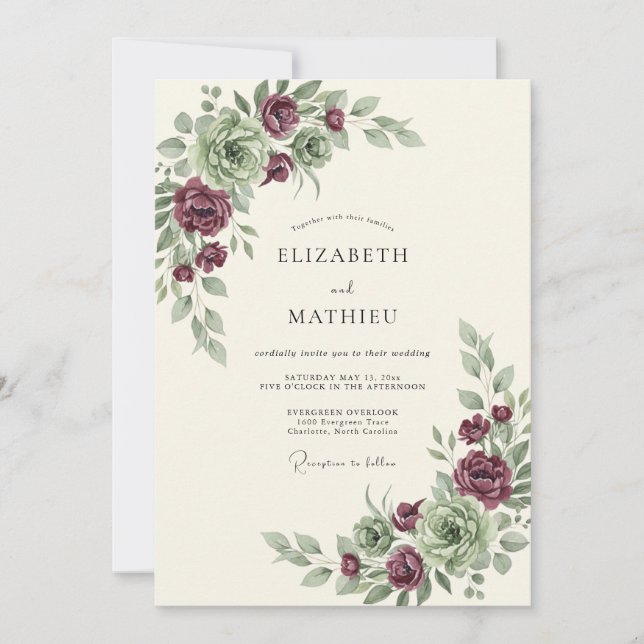 Invitación Boda Botánica Caprichosa de Borgoña (Anverso)