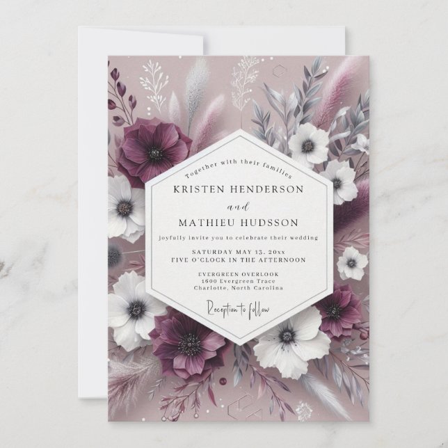 Invitación Boda Botánica Caprichosa de Ciruela (Anverso)