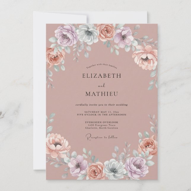 Invitación Boda Botánica Caprichosa de Color Malva (Anverso)